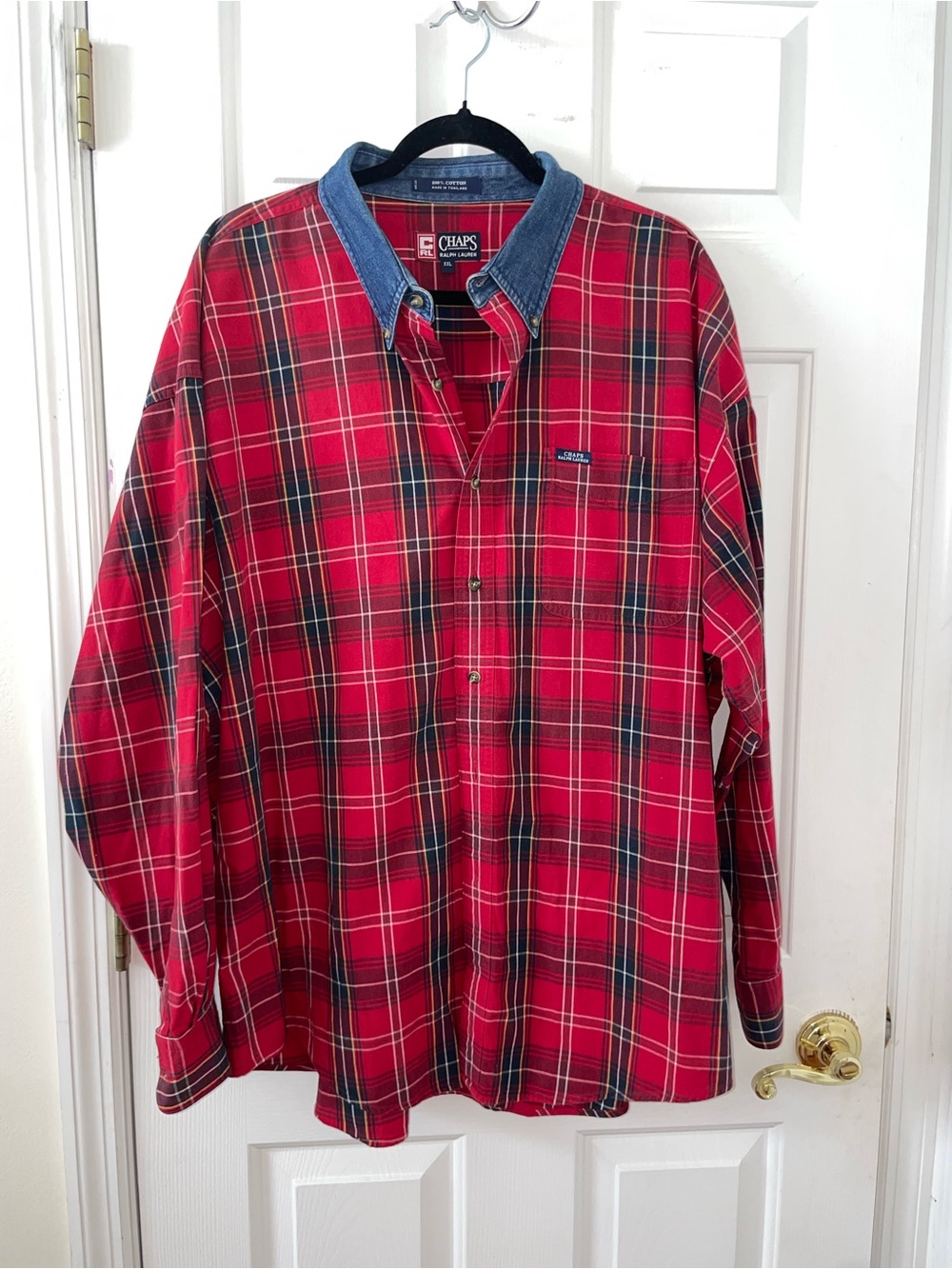 Chaps Red Plaid Button-Down Shirt with Blue Denim Collar